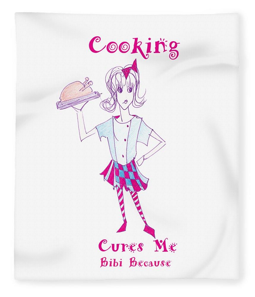 Cooking Cures Me Bibi blanket featuring vibrant artwork on plush fleece, soft and luxurious texture, available in two sizes.